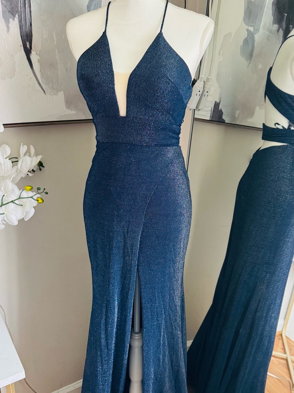 Navy Sparkle Plunge Halter Evening Dress
